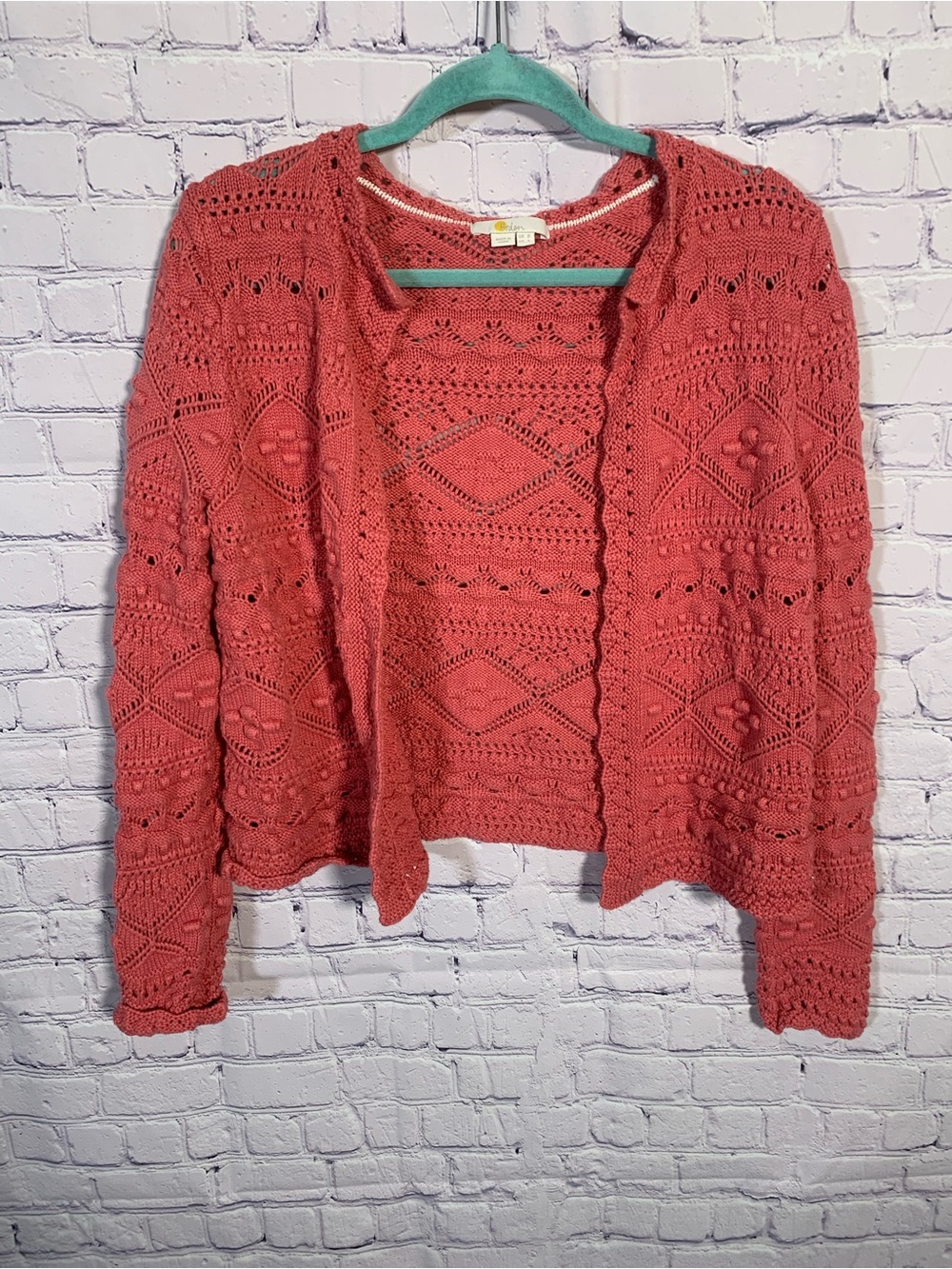 Boden Womens Open Front Crochet Cardigan Pink Coral Size 4 Boho Festival Beach